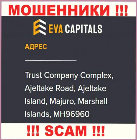 На сайте EvaCapitals Com предоставлен офшорный официальный адрес конторы - Trust Company Complex, Ajeltake Road, Ajeltake Island, Majuro, Marshall Islands, MH96960, будьте внимательны - лохотронщики