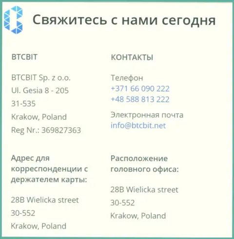 Контактные данные обменного online пункта BTCBit
