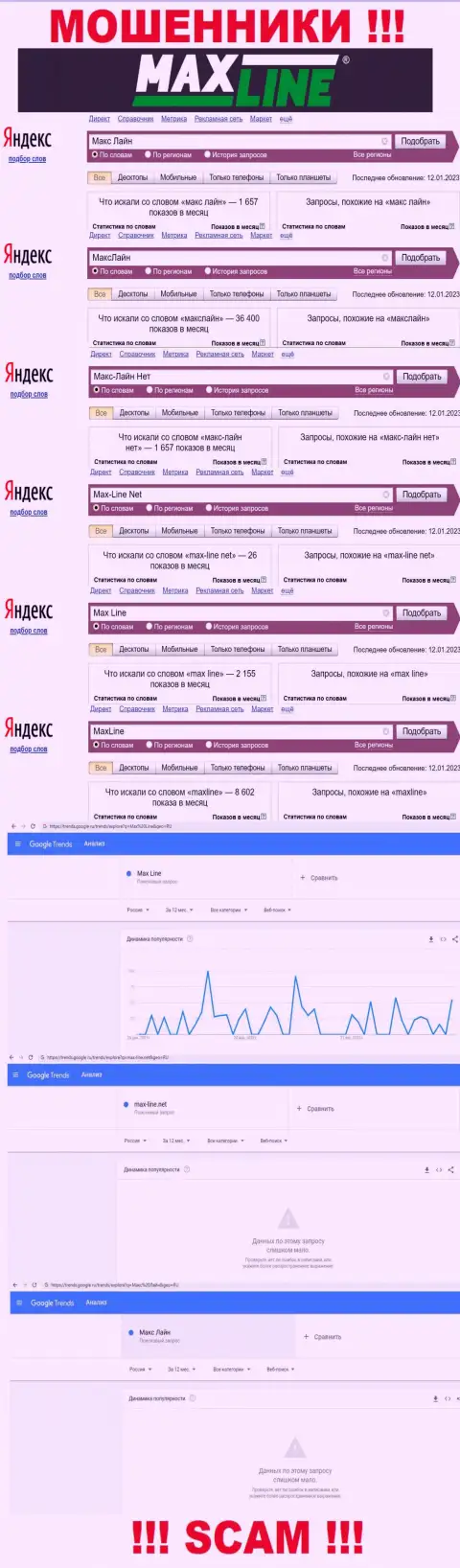 Количество поисковых запросов в глобальной сети интернет по бренду мошенников Max-Line