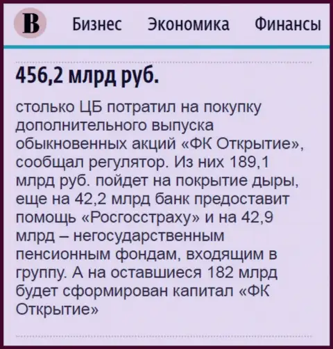Как написано в ежедневном издании Ведомости, почти 500 млрд. рублей пошло на спасение от финансового краха финансовой группы Открытие